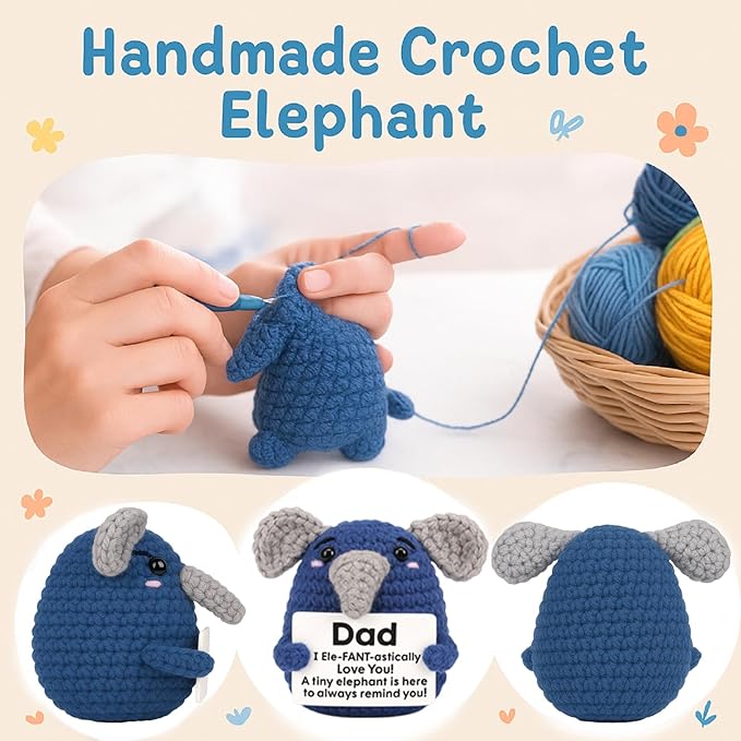 Dad Gifts from Daughter Son, Handmade Crochet Elephant Doll, Cute Emotional Support Animal Gift for Dad, Inspirational Love You Gift, Birthday Idea