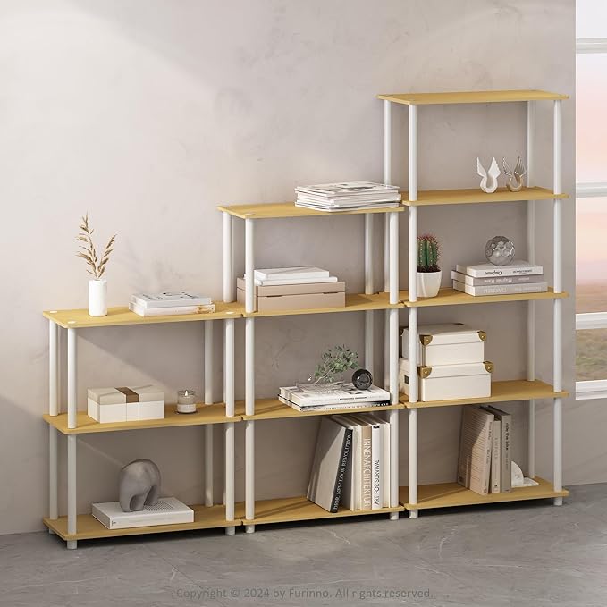 Furinno Turn-N-Tube Book Shelf, 4-Tier Bookshelf, Bookcase with Multipurpose Compact Display Rack, 11.6 x 23.6 x 43.2, for Living Room, Bedroom, Home Office, Beech/White