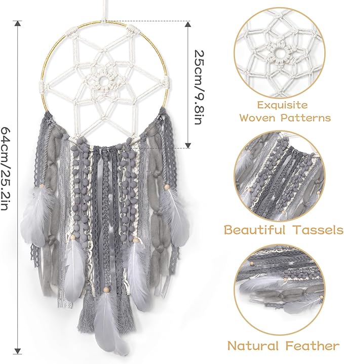 LOMOHOO Large Dream Catcher Handmade Feather Dreamcatcher, Traditional Dream Catchers with Woven Tassels Boho Wall Hanging for Girl Kids Bedroom Baby Room Home Decor Craft Ornament Gift (Grey)