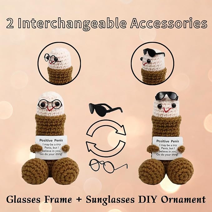 Emotional Support Crochet Figurine with Accessories, Handmade Knitted Character with Glasses & Sunglasses, Positive Message Gift, Desk Decor, Office Ornament & Novelty Present