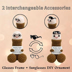 Emotional Support Crochet Figurine with Accessories, Handmade Knitted Character with Glasses & Sunglasses, Positive Message Gift, Desk Decor, Office Ornament & Novelty Present