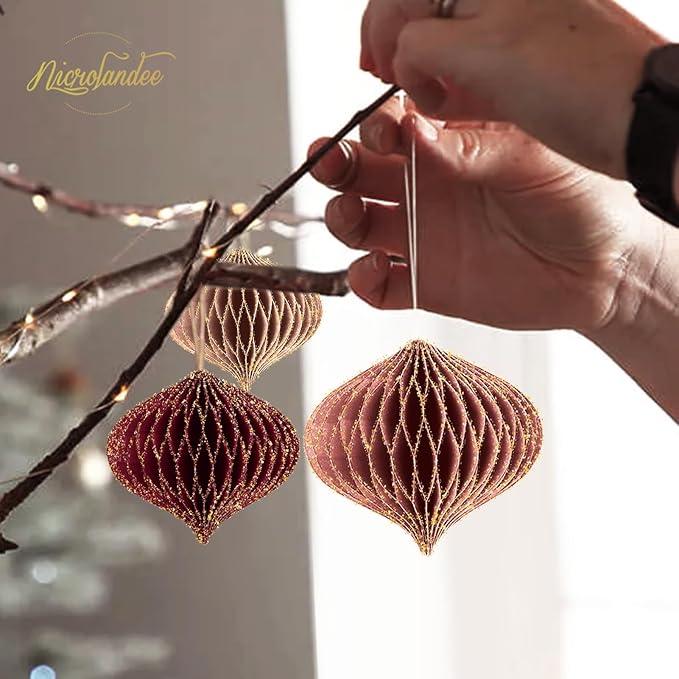 NICROLANDEE Wedding Decorations, 6 PCS Burgundy MIni Glitter Gold Edge Honeycomb Lanterns Ornaments for Christmas Tree Decoration, Xmas New Year Party, Birthday, Burgundy Bachelorette Party Decor