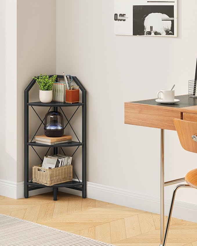 CHOEZON 3-Tier Corner Shelf, Industrial Corner Bookshelf, 35.4" Storage Stand, Plant Stand Display Shelf, Bookcase for Bedroom, Living Room, Home Office, Black TCJ03BB ﻿