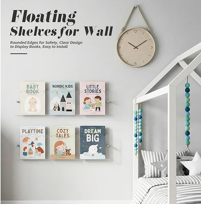 2 Pack Acrylic Magazine Holder Wall, 24 Inch Clear Floating Shelves Wall Mount Brochure Record Holder, Hanging Scalloped Bookshelf Literature Organizer for Nursery Waiting Room Living Room Office