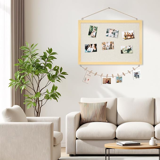 DOLLAR BOSS Bulletin Board with Linen 24'' x 18'' Wood Framed Cork Boards for Walls, Photo Display Pin Board, Decorative Corkboard for Office Home School Dorm Decor with 10 Pushpins, Natural Wood