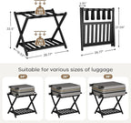 Fully Assembled Black Luggage Rack for Guest Room, Bamboo Foldable Suitcase Stand with 5 Nylon Straps, Upgraded Luggage Rack Holder with Shelf for Bedroom Hotel, Holds up to 165 Lbs, 1pcs