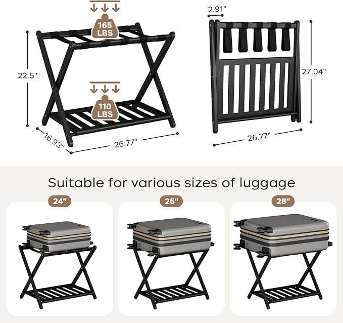 Fully Assembled Black Luggage Rack for Guest Room, Bamboo Foldable Suitcase Stand with 5 Nylon Straps, Upgraded Luggage Rack Holder with Shelf for Bedroom Hotel, Holds up to 165 Lbs, 1pcs
