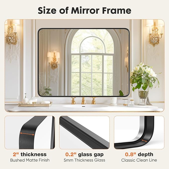 Sweetcrispy Bathroom Mirror 40x30 Inch Black Metal Framed Rounded Rectangle Vanity Mirror for Wall, Over Sink, Farmhouse, Restroom, Anti-Rust, Modern Decorative, Horizontal or Vertical Hanging