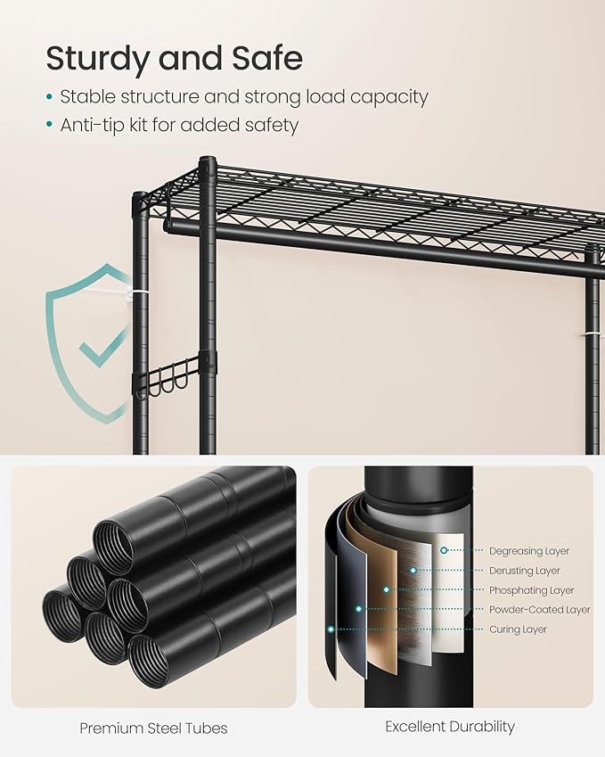 SONGMICS Heavy-Duty Rolling Clothes Rack, Garment Rack, Portable Closet on Wheels, with Adjustable Mesh Shelves and Hanging Rails, Hooks, 15.8 x 43.3 x 78.3 Inches, Ink Black ULGR417BH01