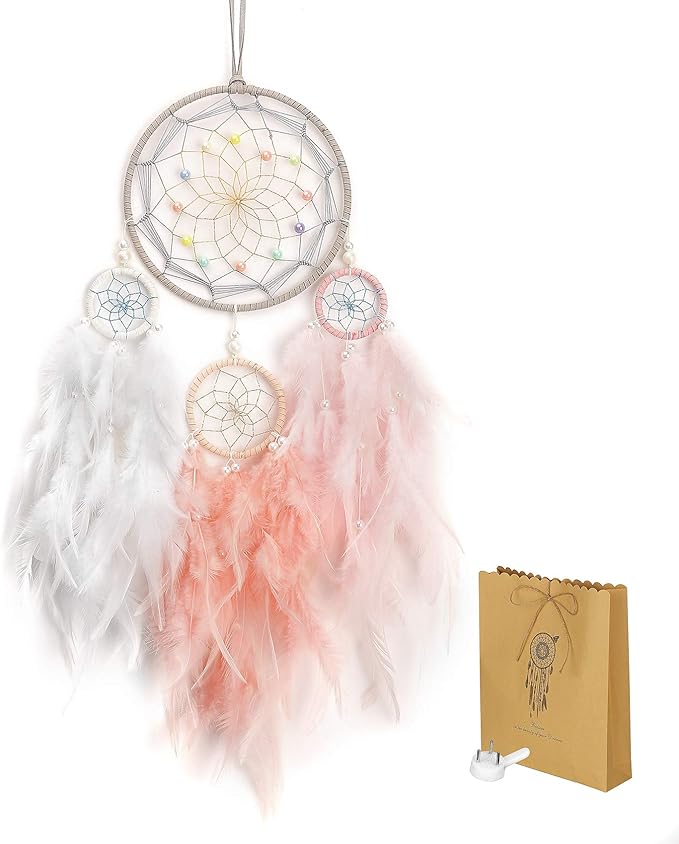 Dream Catcher for Girl Pink, Handmade Romantic Unique Dreamcatcher Beads and Feathers Wall Hanging Ornament Gift for Bedroom