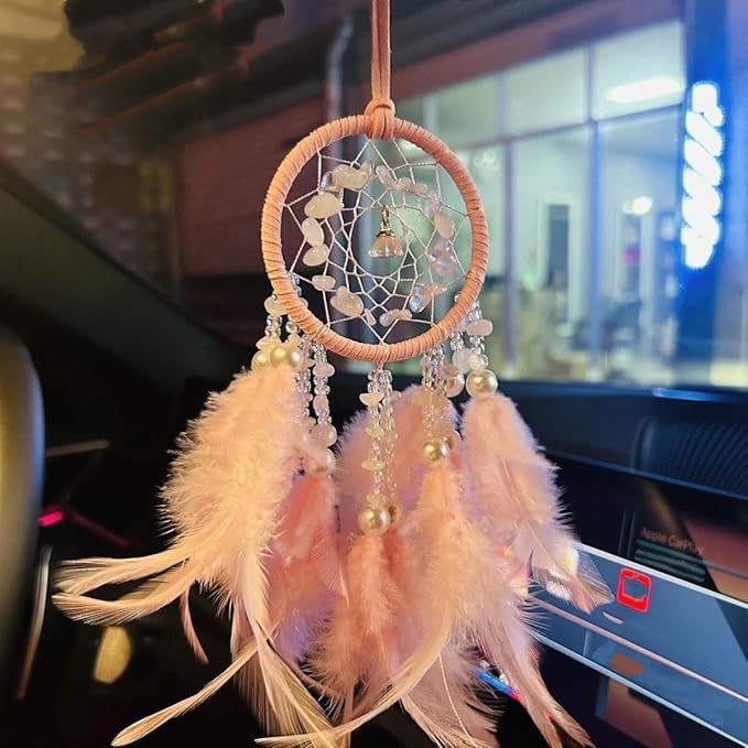 Dream Catchers for Cars,Boho car Decor,Small Feather Dream Catcher Hanging Car Deco Accessories for Women (Pink)