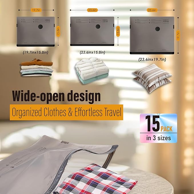 Rechargeable Wireless Pump Travel Vacuum Storage Bags, 15 Pack Portable Seal Bags for Travel and Home, Compression Packing for Clothing, Clothes, Blankets, Luggage, Suitcase