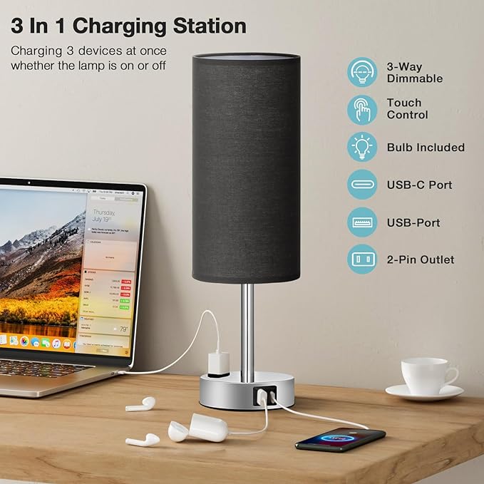 Black Bedroom Table Lamp for Bedside - 3 Way Dimmable Touch Lamp USB C A Charging Ports and AC Outlet, Small Desk Lamp for Nightstand for Living Room with Silver Base, Office Desk, LED Bulb Included