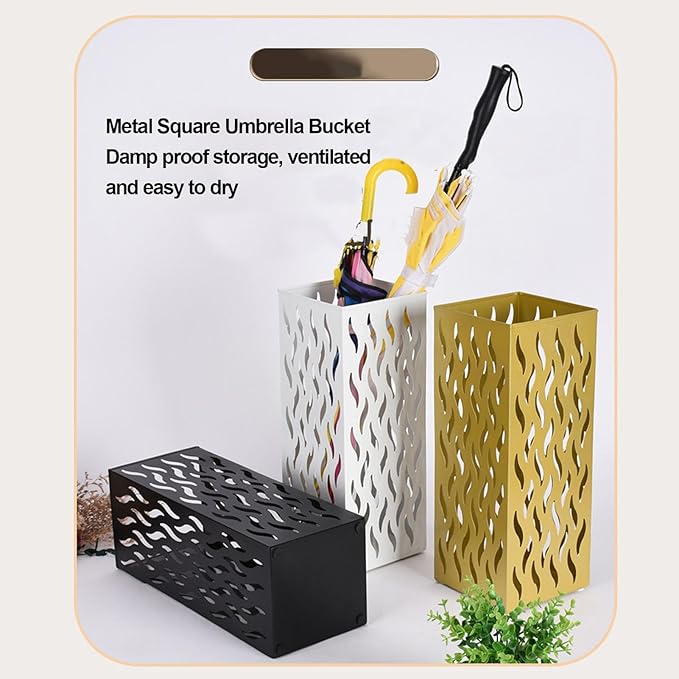 Umbrella Organizer, Multifunctional Umbrella Holder, Hollow Pattern Design Square Shape Umbrella Stand Rack, Metal Umbrella Basket Holder Stand for Home Hotel (Gold)