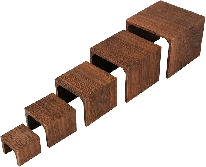 MOOCA 5-Piece Wooden Jewelry Display Risers - Multi-Function Retail Stands for Rings, Watches, Necklaces, Bracelets, and More - Various Heights, Brown Color