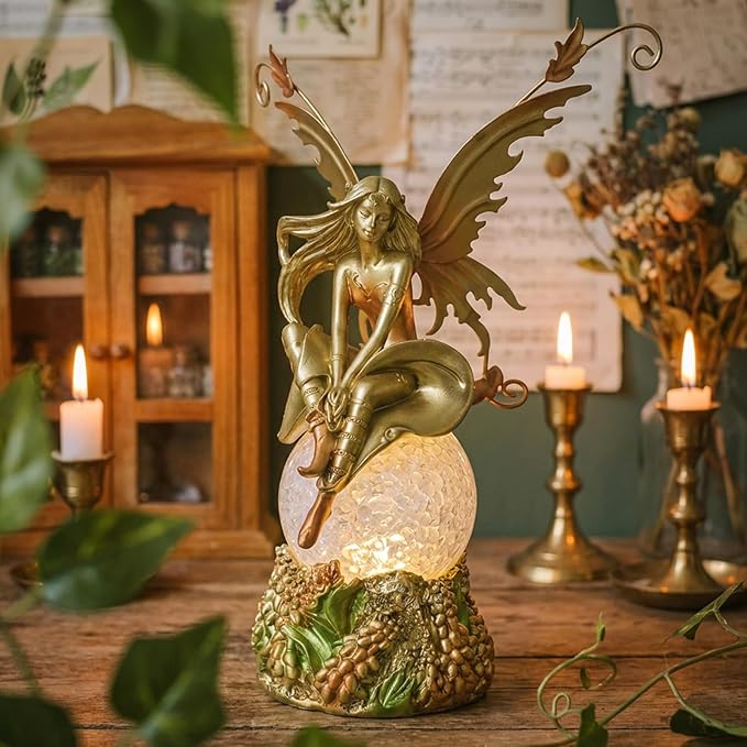 Resin Fairy Statue with Light Elegant Fantasy Decor, Hand-Painted Angel Figurine Lamp Graceful Fairy Sculpture for Bookshelf, Mantel, Bedroom, Thoughtful Gift for Women, Friends
