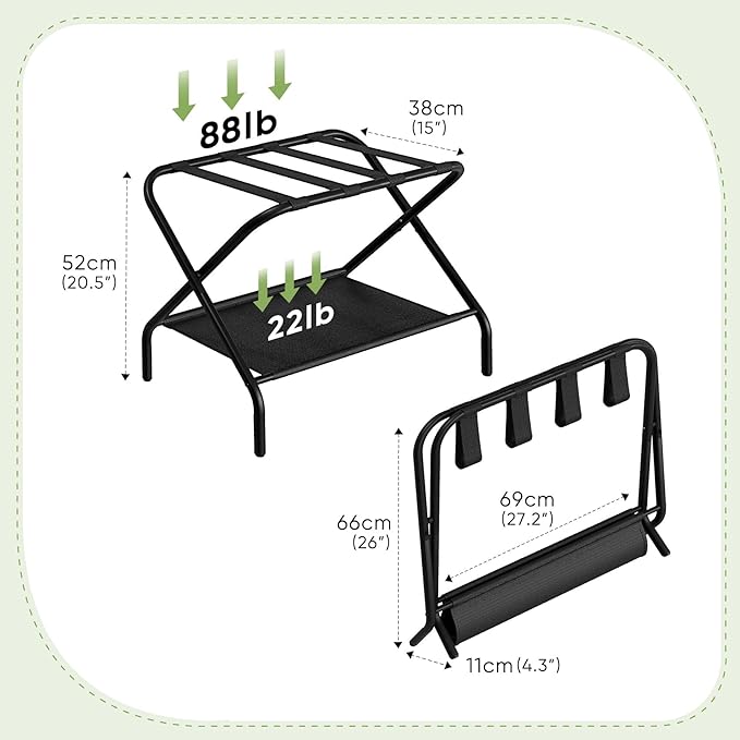 Luggage Rack for Guest Room, Folding Suitcase Stand with Shoe Shelf, Steel Portable Luggage Stand Bedroom, Hotel, Easy Assembly, Hold up to 110 lb, Black
