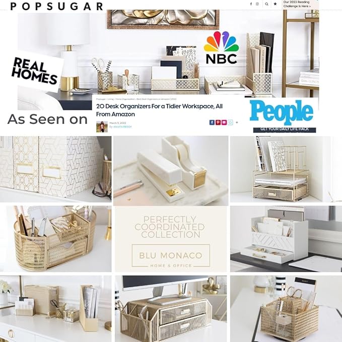 BLU MONACO | Magazine Holder Wooden Gold Basket | Vertical File Organizer for Floor or Bathroom | Narrow Decorative Storage Rack with Handles