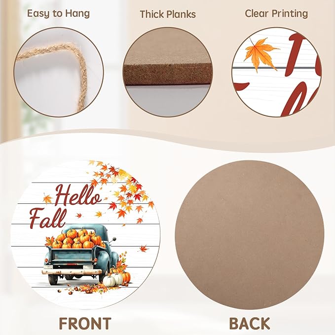 Hello Fall Wreath for Front Door Fall Truck Welcome Door Sign 12x12 Inch Autumn Maple Leaf Pumpkin Wood Door Hanger Farmhouse Thanksgiving Hanging Plaque for Home Porch Wall Indoor Outdoor Decorations