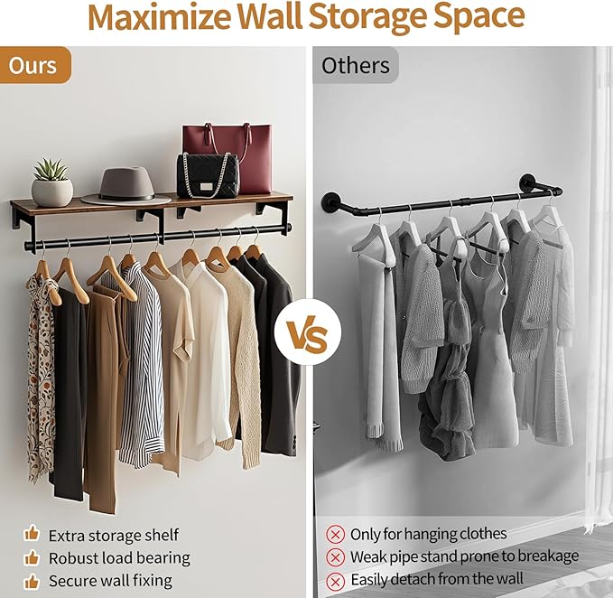 Luxspire Wall Mounted Clothes Rack, 43.3inch Clothing Racks with Top Shelf for Hanging Clothes, Heavy Duty Industrial Pipe Garment Rack, Laundry Room Shelves Closet Storage, Large