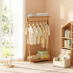 Bamboo Kids Clothing Rack,Small Dress Up Clothes Rack for Kids,Child Dress Up Rack with 2 Storage Shelves,Portable Garment Rack for Playroom Toddles Bedroom