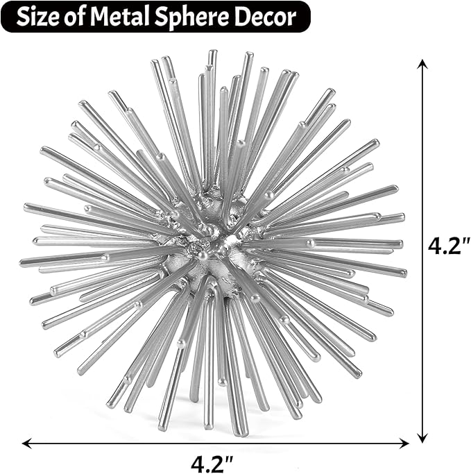 Silver Sphere Decor, Metal Starburst Tabletop Sculpture Decor, Mid-Century Modern Metal Starburst Centerpiece, Spike Ball Decoration for Home, Coffee Table Decor