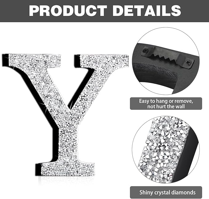 Qunclay 5.7" Silver Crystal Diamond Bling Letters Crushed Diamond Decoration Wooden Glitter Letter with Screw and Hooks Rhinestone Gift for Wedding Y2k Mcbling Bedroom Wall Decor (Letter Y)