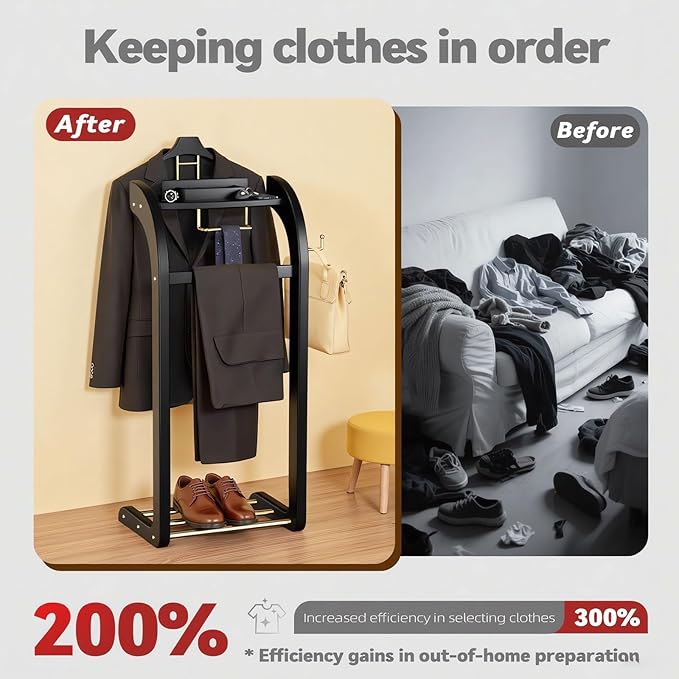 Suit Valet Stand for Men, Wood Mens Valet Stand with Base, Contour Hanger, Tray, Trouser Bar and Tie Bar, Clothes Valet Stand for Bedroom Entryway Home Living Room Office (Black)