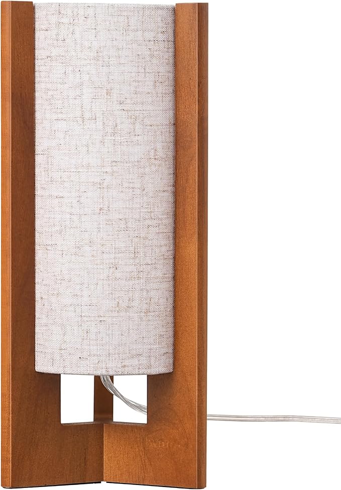 EDISHINE 13.5" Small Table Lamp, Walnut Wood Cylinder Nightstand Lamp for Bedroom, Beige Linen Shade, Corner Modern Bedside Lamp for Living Room, On-Off Line Switch, E26 Base (Bulb Not Included)
