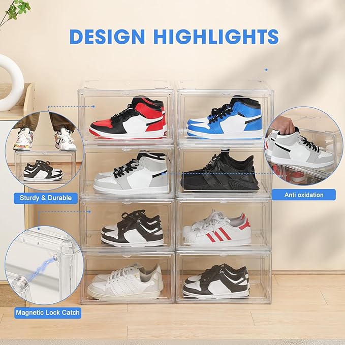 HIYOHIYO Size 14 Acrylic Clear Shoe Storage Boxes Stackable for Sneaker, Clear Shoe Box Storage Bins, Fully Transparent Display Case with Magnetic Door Suitable for Ankle, Boots, High Heels (1 Pack)