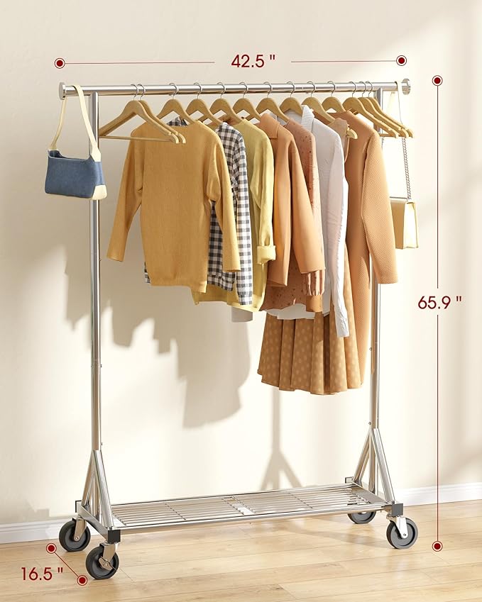 Heavy Duty Stainless Steel Rolling Clothes Rack with Mesh Shelf, Lockable Wheels & Anti-Slip Stoppers, Large Capacity Clothing Organizer for Bedroom, Laundry Room, 42.5" x 16.5" x 65.9", Silver