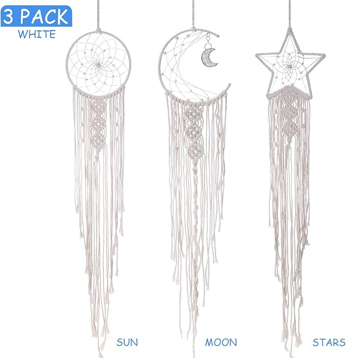 Jetec 3 Pcs Boho Macrame Dream Catcher Woven Wall Hanging Crescent Moon Star Sun Dreamcatcher with Long Tassel Large White Handmade Bohemian Home Decor Art Craft for Bedroom Room Decoration Gift