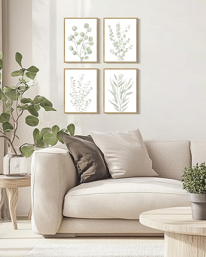 Drsoum Botanical Plant Framed Wall Art Boho Wall Decor for Bathroom Sage Green Eucalyptus Leaf Prints Minimalist Aesthetic Ready to Hang Set of 4, 11x14 in (Natural Framed)