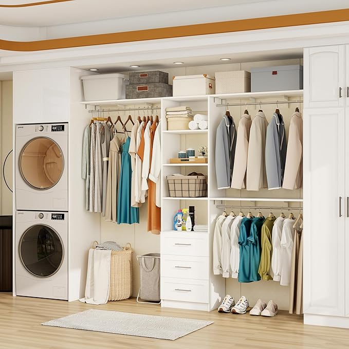 Closet System with Drawers, 5FT-8FT Closet Organizer System with Shelves & Expandable Hanging Rods, 96" Walk in Storage Closet System Wood, White