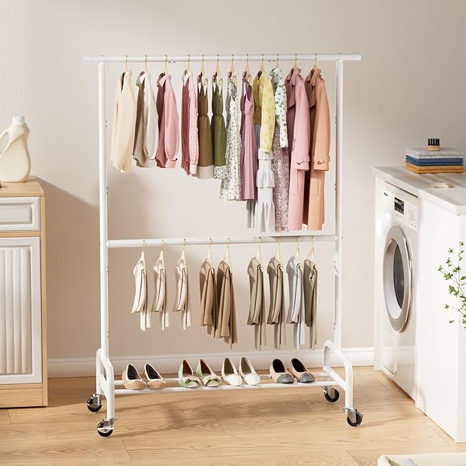 Abiglifty 2 Tier Clothes Rcks for Hanging Clothes, Heavy-Duty Clothing Rack with Wheels,150LBS Capacity, 42" W X15 D X 77" H Garment Rack with Bottom Shelf, for Bedroom, Living Room, White