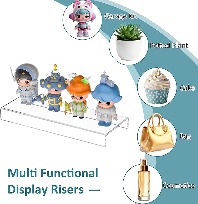 Acrylic Shelf Riser 10x3.9x1 pack of 2, Countertop Acrylic Display Storage Organizer for Shoes, Glasses, Plants, Home Decors, Perfume, Books, Dolls, 10x3.9x1 Inch