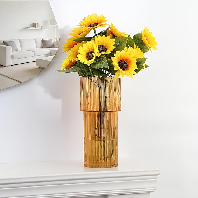 Large Glass Vase, 12 Inches Tall Vase for Flowers, Amber Flower Vases for Bouquet, Modern Amber Glass Vases for Living Room, Dining Table, Office, Entryway, Mantle, Shelf, Wedding Gifts