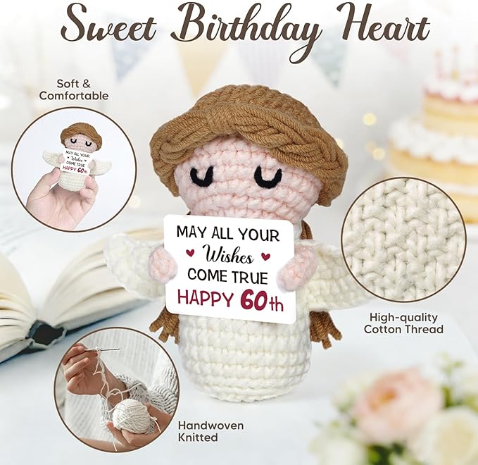 60th Birthday Gifts for Women Men, 1966 60th Birthday Decorations, Happy 60 Year Old Gifts for Family Friends Colleagues - Handmade Positive Angel Crochet Doll