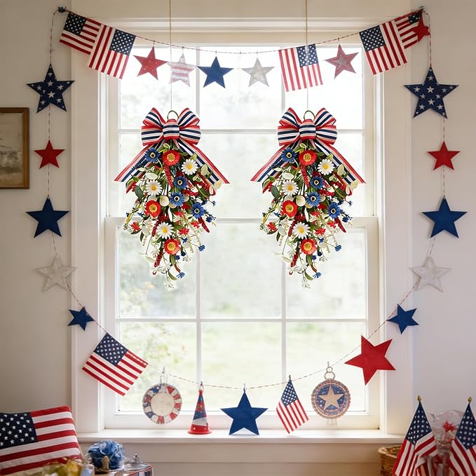 TEMPUS Patriotic Floral Swag Wreath 2-Pack, 22" Red White Blue Artificial Daisy Teardrop Swags with Striped Bow, Handcrafted Patriotic Door Decor for 4th of July Independence Day, Memorial Day
