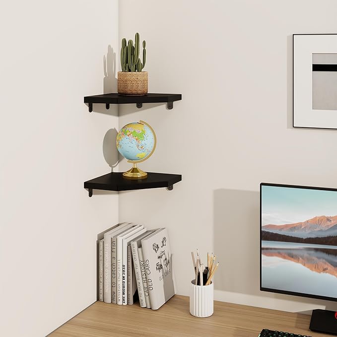 Fun Memories Corner Shelf Wall Mount, Solid Oak Wood Floating Corner Shelves with Cable Hole, 7in Rustic Design for Bedroom, Bathroom, Kitchen, Living Room (Black, 1 Pack)