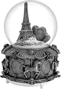 LED Music Snow Globe Vintage Eiffel Tower Buildings Embedded Carousel Retro Home Decoration for Book Shelf Cabinet Floating Board Office Desk Table Top Decor Centerpieces Ornament (Silver A)