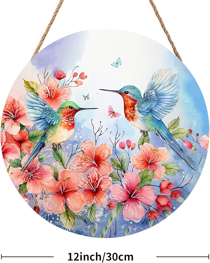 Spring Summer Hummingbird Birds Front Door Sign Farmhouse Spring Flowers Door Hanger 12"x12" Seasonal Summer Wooden Wreath for Outdoor Outside Porch Welcome Wall Hanging Decoration for Home