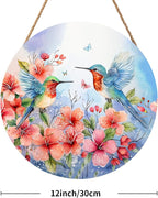 Spring Summer Hummingbird Birds Front Door Sign Farmhouse Spring Flowers Door Hanger 12"x12" Seasonal Summer Wooden Wreath for Outdoor Outside Porch Welcome Wall Hanging Decoration for Home