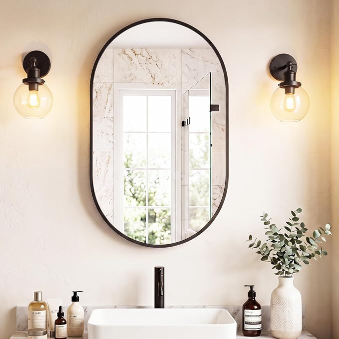 Sweetcrispy 24" x 36" Black Bathroom Mirrors for Wall, Oval Wall Mirror with Metal Frame, Tempered Glass, Modern Vanity Mirror for Over Sink, Living Room, Bedroom, Entryway, Horizontal or Vertical