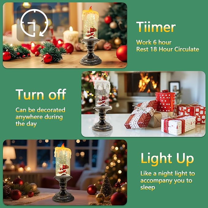 Christmas Snow Globe Candle, Battery Powered with Timer, Christmas Flameless Candles Lantern with Santa Claus for Home Decoration Festival Gift, Snow Globe Candle Light for Christmas Decorations