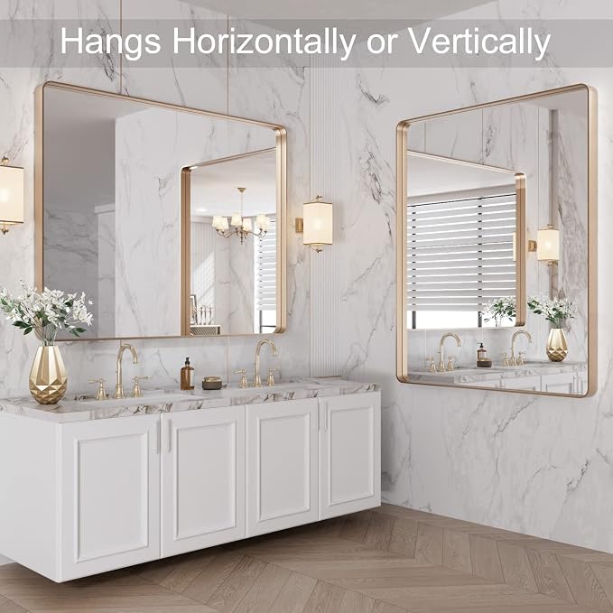 LOAAO 40"X32" Gold Bathroom Mirror, Rounded Rectangle Gold Frame Mirror, Brushed Gold Bathroom Vanity Mirror Wall-Mounted, Anti-Rust, Tempered Glass, Hangs Horizontally or Vertically