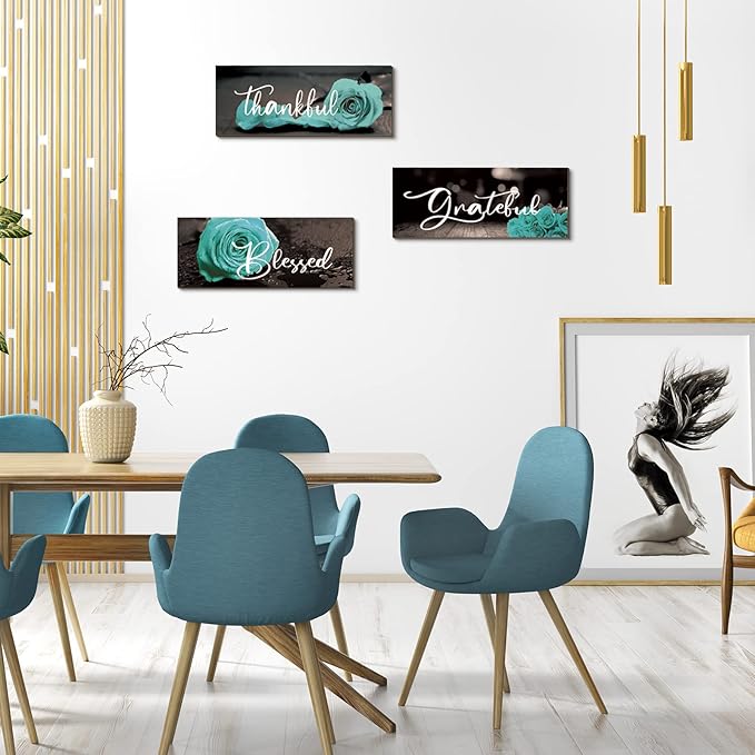 Hillban 3 Pieces Rose Wooden Wall Decor Rose Bathroom Decor Thankful Grateful Blessed Accessories Inspirational Wall Art Signs for Living Room Kitchen Wedding(16 x 6 Inch,Teal)