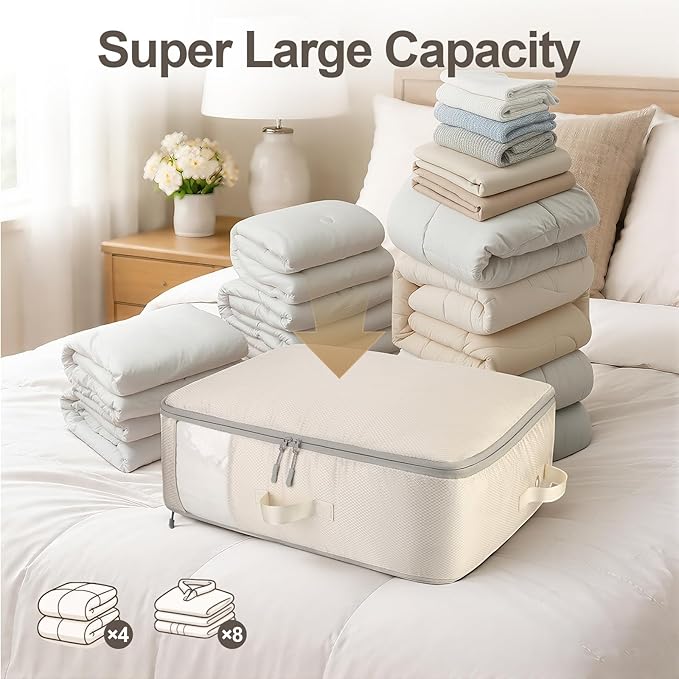 Comforter Storage Bag - 2-Layer Self Compression Organizer, 4-Pack Closet Organizers and Storage, Under Bed Space Saver, Blanket Organizer for Bedding, Pillow, Sheet, Clothes, Nursery Use