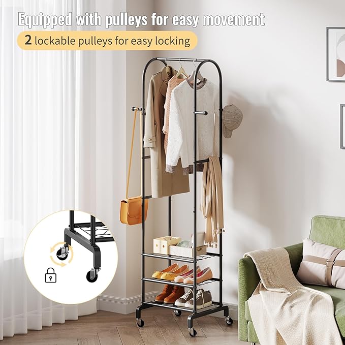 Garment Rack with Wheels,Small Metal Coat Rack With 4 Hooks,Freestanding Heavy Duty Clothing Rack with Shoe Shelves,Hanging Rod for Small Space,Bedroom,Entryway, Office, Living Room (Black)