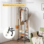 Garment Rack with Wheels,Small Metal Coat Rack With 4 Hooks,Freestanding Heavy Duty Clothing Rack with Shoe Shelves,Hanging Rod for Small Space,Bedroom,Entryway, Office, Living Room (Black)